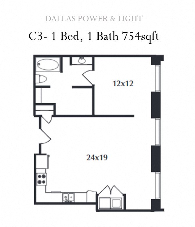 Floor plan for 1 bed, 1 bath, 754 sqft